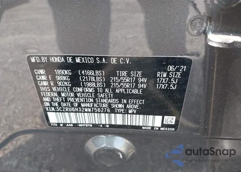 2021 Honda Hr-V Awd Lx z USA, uszkodzony, nr VIN 3CZRU6H32MM756276